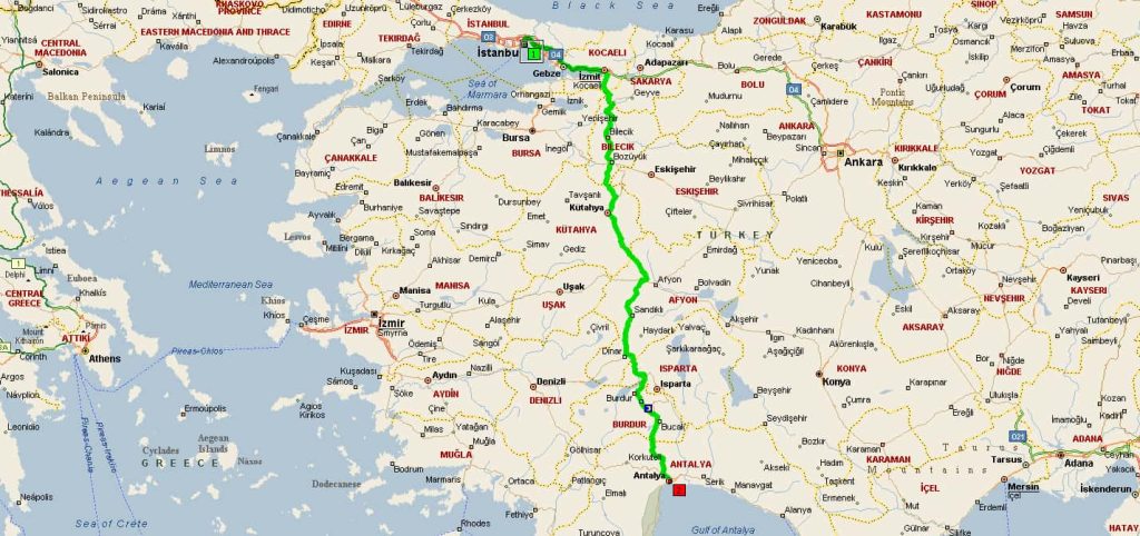 road maps of direct route from Istanbul to Antalya