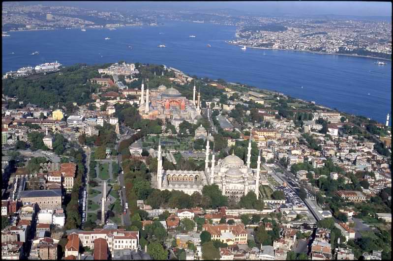 Hagia Sophia and Blue Mosque from air. Istanbul old city