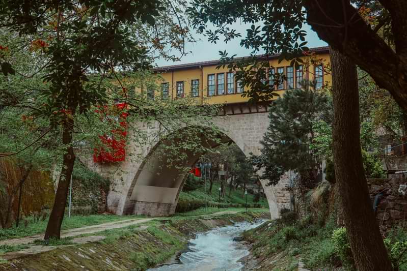 A historik bridge in bursa trees and watercourse