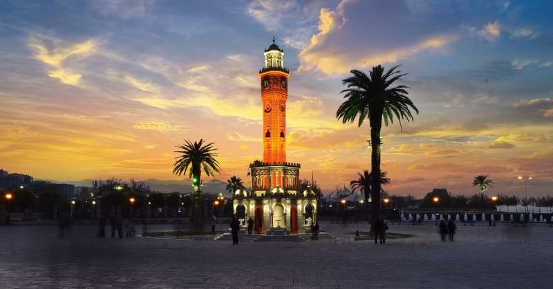 Izmır clock tower with magnificient sunset on city center of izmir