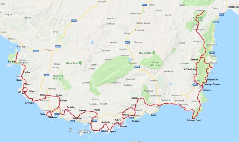 Lycian Way Map of Hiking Trail Turkey's Mediterranean coast