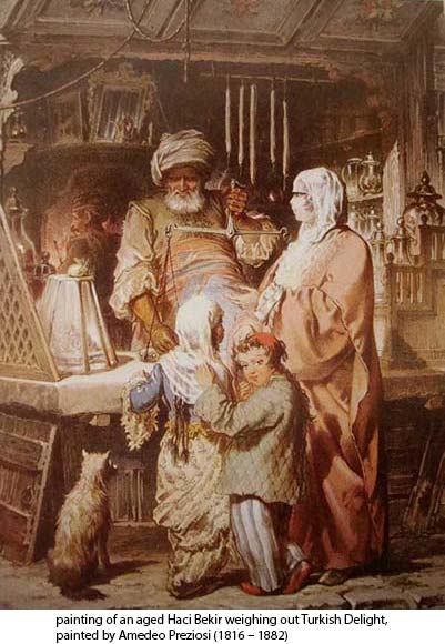 Painting of an aged Haci Bekir weighing out Turkish Delight