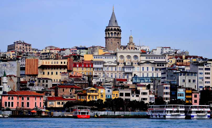galata tower with colourful houses and the historic sites in Istanbul